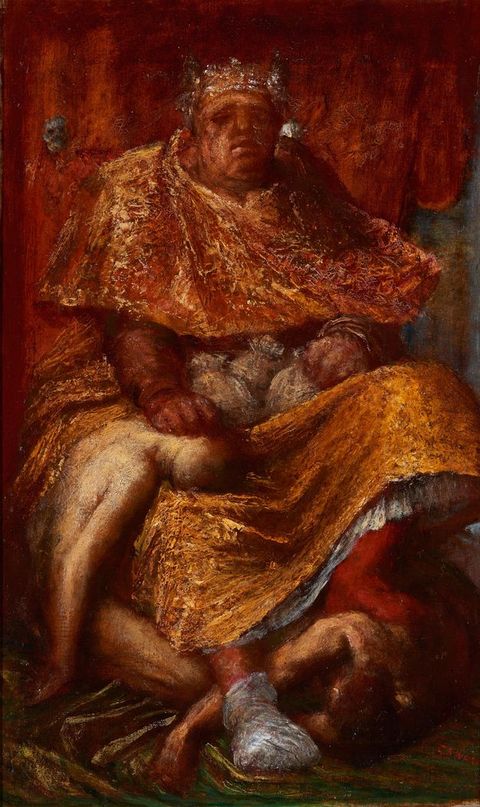 Painting. A red-skinned person with thick, oversized features sits on a throne with skull finials. He wears a crown and gold-brocaded robe. One hand rests on the head of a woman who sits slumped next to his lap, and one foot is propped on a nude man lying in front of the throne below.