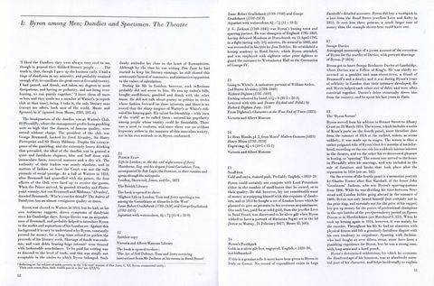 Pages of a book. This two-page spread is headed, “I: Byron among Men; Dandies and Sportsmen. The Theatre”. An introduction and eight entries, numbered eleven through 18, follow in two columns.