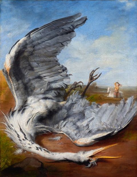 Painting. The splayed wings of a white and grey heron make a C shape that fills all but the upper right quadrant of this composition. In the distance to our right, a person on horseback looks up to the sky as they shade their eyes.