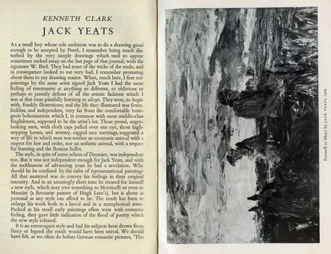 Pages of a book. The left page has text following the author’s name and title of the entry. The right page reproduces a loosely painted landscape scene sideways. The caption, along the long edge of the page, reads “Farewell to May by Jack Yeats, 1929”.